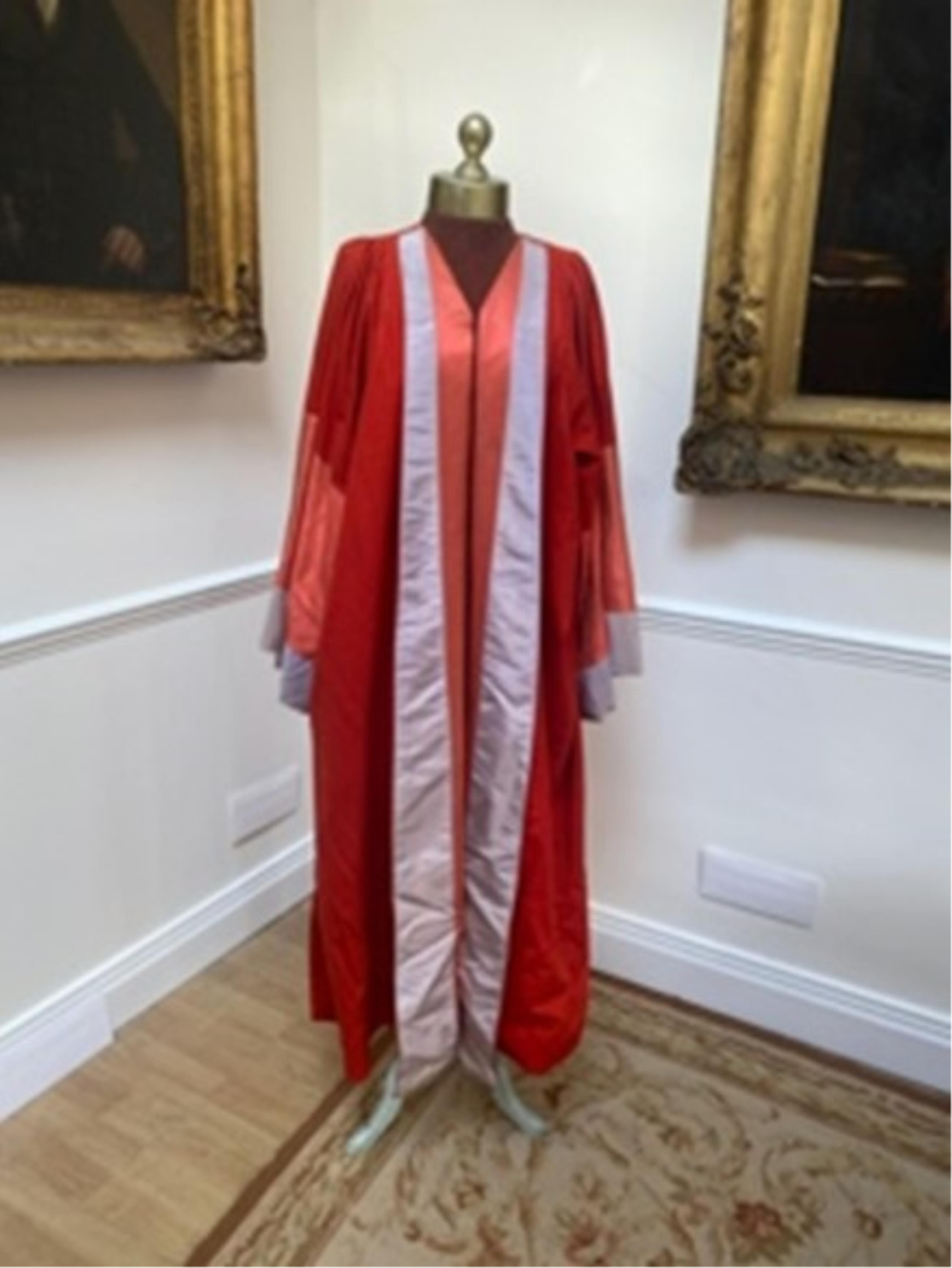 An Academic Robe in red wool and silk trimmings. Size L/M